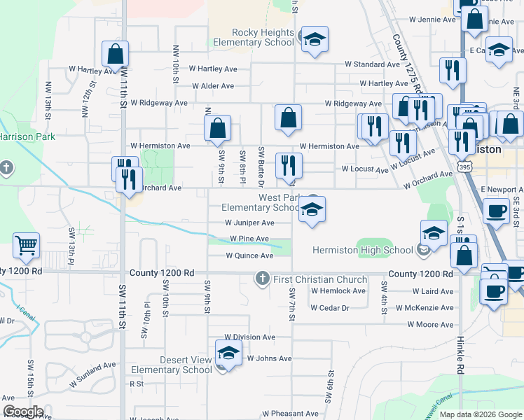 map of restaurants, bars, coffee shops, grocery stores, and more near 773 West Tamarack Avenue in Hermiston