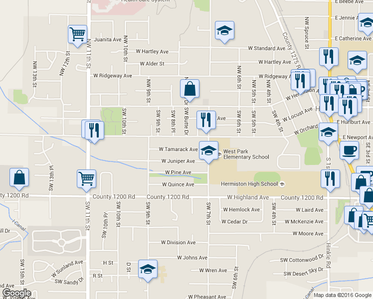 map of restaurants, bars, coffee shops, grocery stores, and more near 773 West Tamarack Avenue in Hermiston