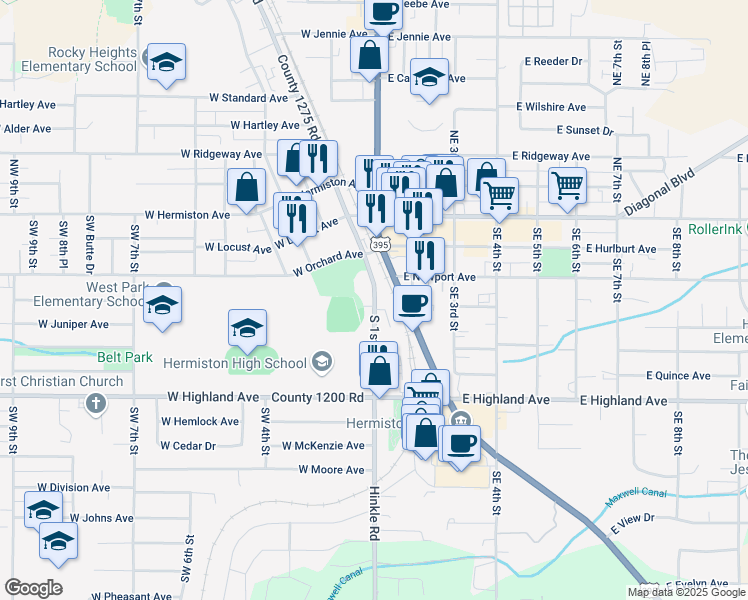 map of restaurants, bars, coffee shops, grocery stores, and more near 600 South 1st Street in Hermiston
