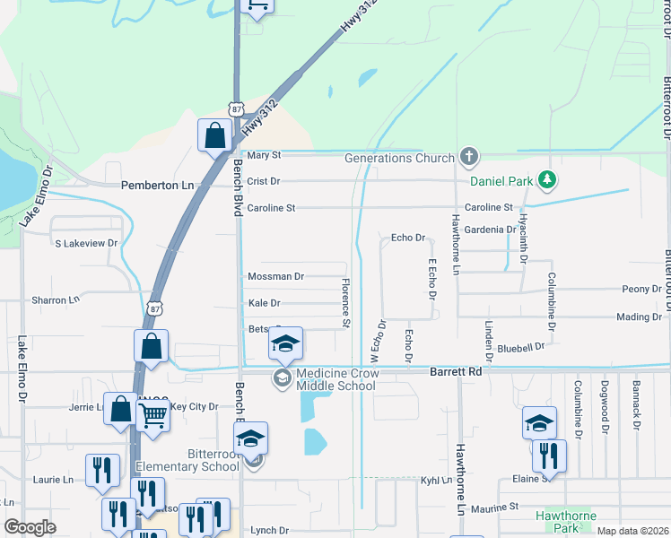 map of restaurants, bars, coffee shops, grocery stores, and more near 933 Mossman Dr in Billings