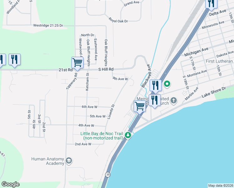 map of restaurants, bars, coffee shops, grocery stores, and more near 600-998 Loueda Avenue in Gladstone