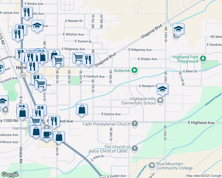 map of restaurants, bars, coffee shops, grocery stores, and more near 770 East Newport Avenue in Hermiston