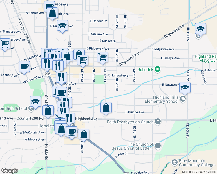 map of restaurants, bars, coffee shops, grocery stores, and more near 610 East Newport Avenue in Hermiston