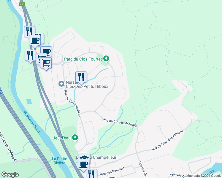 map of restaurants, bars, coffee shops, grocery stores, and more near 549 Rue du Clos-Fourtet in Prévost