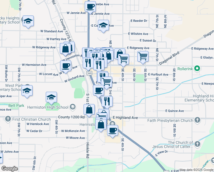 map of restaurants, bars, coffee shops, grocery stores, and more near 276 East Newport Avenue in Hermiston