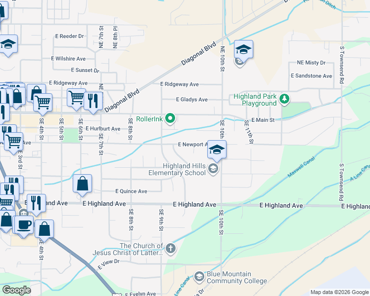 map of restaurants, bars, coffee shops, grocery stores, and more near 940 East Newport Avenue in Hermiston
