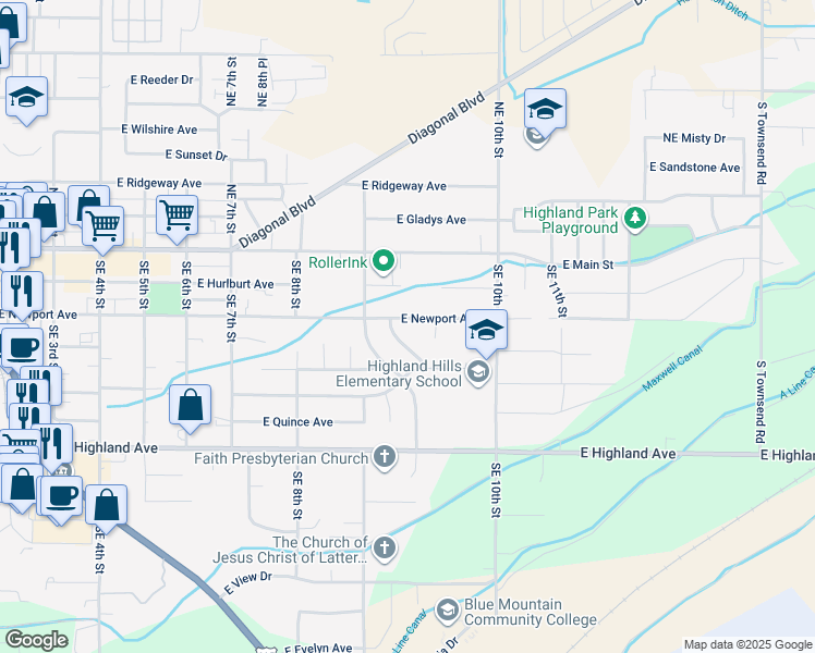 map of restaurants, bars, coffee shops, grocery stores, and more near 940 East Newport Avenue in Hermiston