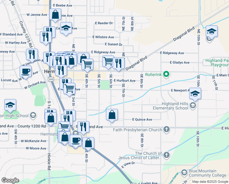 map of restaurants, bars, coffee shops, grocery stores, and more near 610 East Newport Avenue in Hermiston