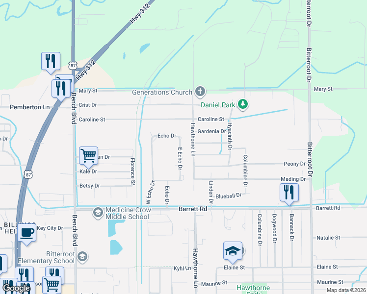 map of restaurants, bars, coffee shops, grocery stores, and more near 2203 East Echo Drive in Billings
