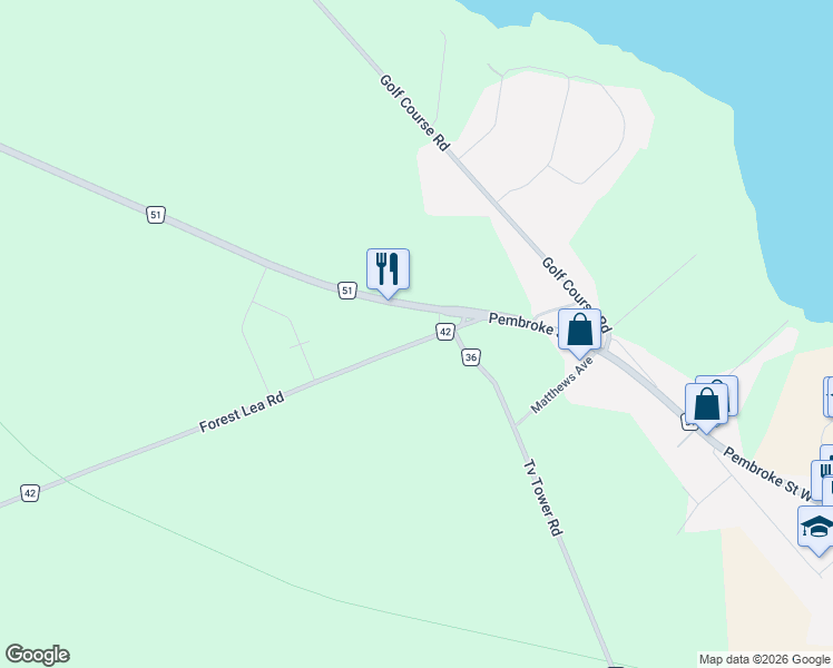map of restaurants, bars, coffee shops, grocery stores, and more near 100 Forest Lea Road in Pembroke