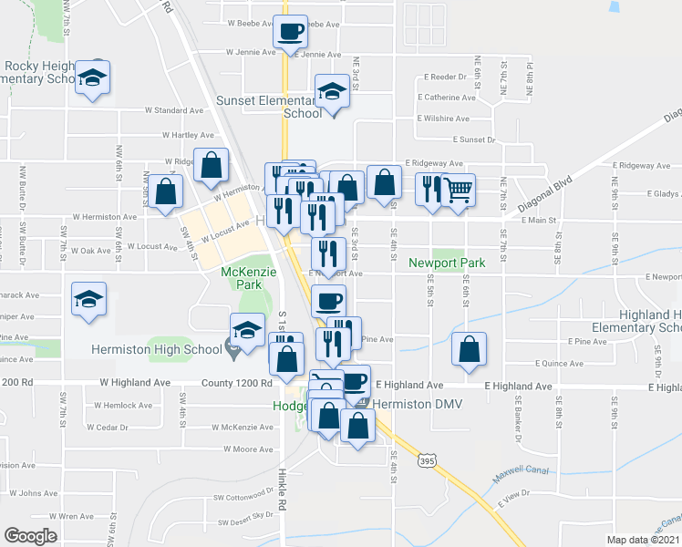 map of restaurants, bars, coffee shops, grocery stores, and more near 276 East Newport Avenue in Hermiston