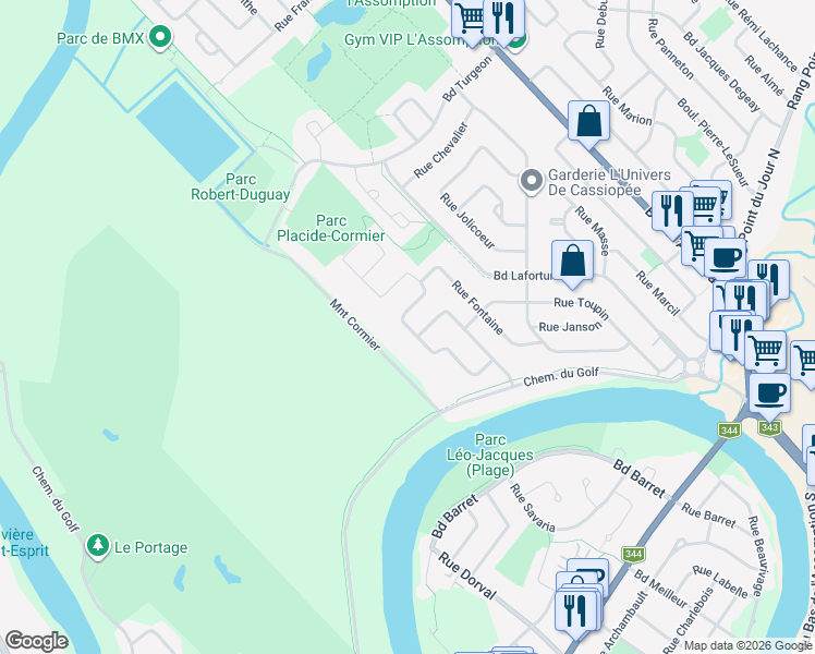 map of restaurants, bars, coffee shops, grocery stores, and more near Rue Francois-Olivier in L'Assomption