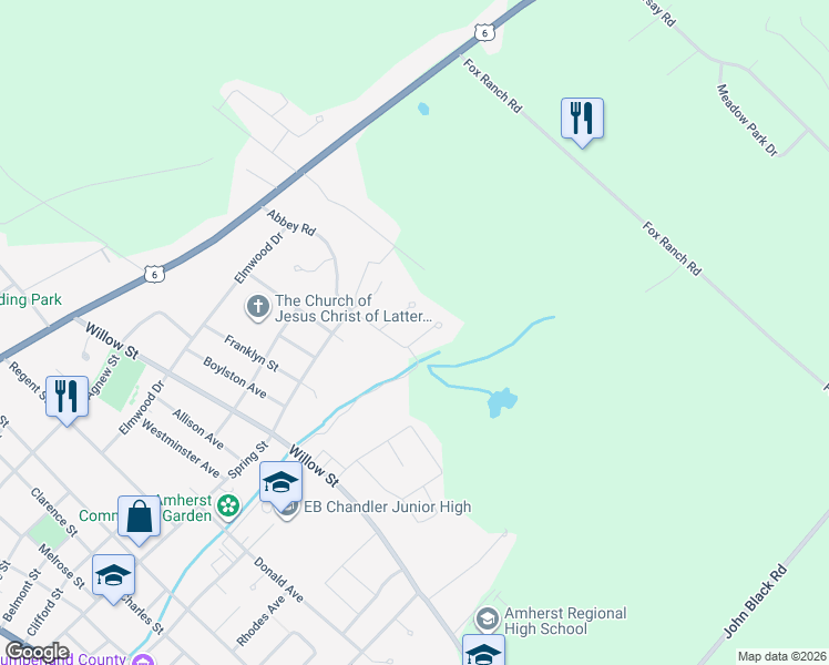 map of restaurants, bars, coffee shops, grocery stores, and more near 4 Ridgewood Court in Amherst