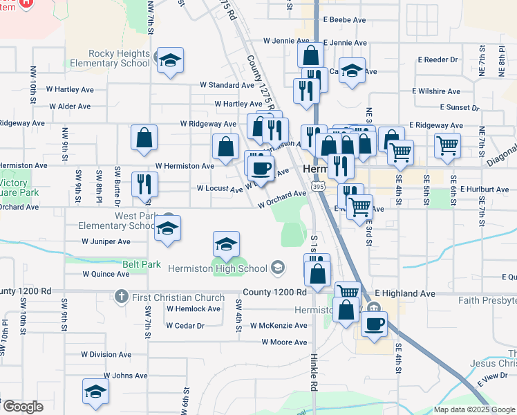 map of restaurants, bars, coffee shops, grocery stores, and more near 330 West Orchard Avenue in Hermiston