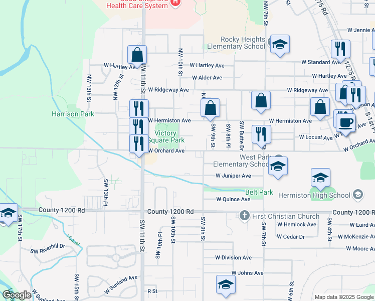 map of restaurants, bars, coffee shops, grocery stores, and more near 955 West Orchard Avenue in Hermiston