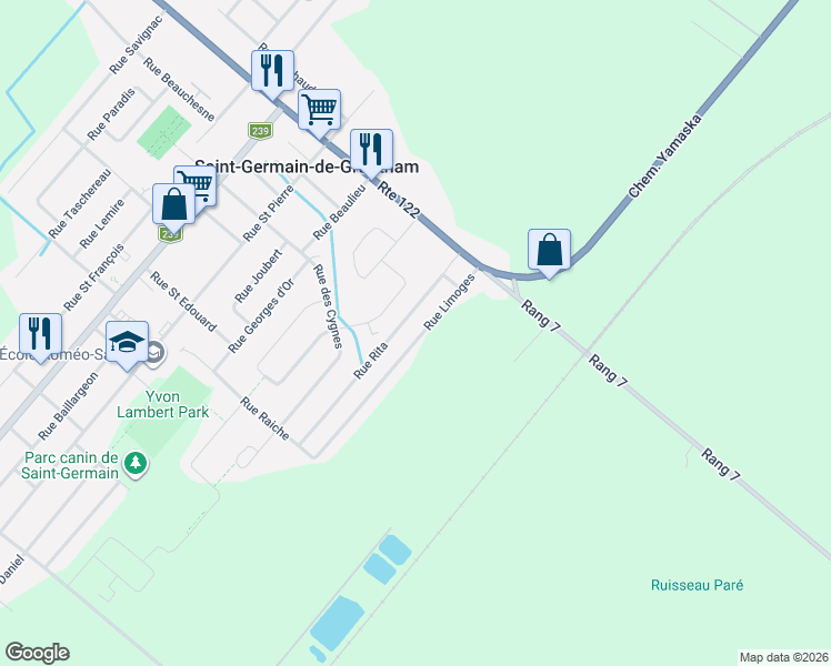 map of restaurants, bars, coffee shops, grocery stores, and more near 220 Rue Limoges in Saint-Germain-de-Grantham