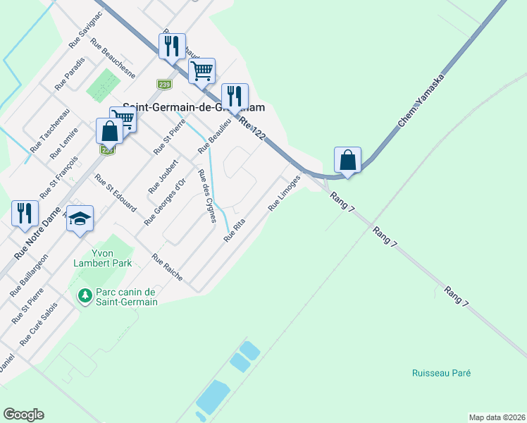 map of restaurants, bars, coffee shops, grocery stores, and more near 220 Rue Limoges in Saint-Germain-de-Grantham
