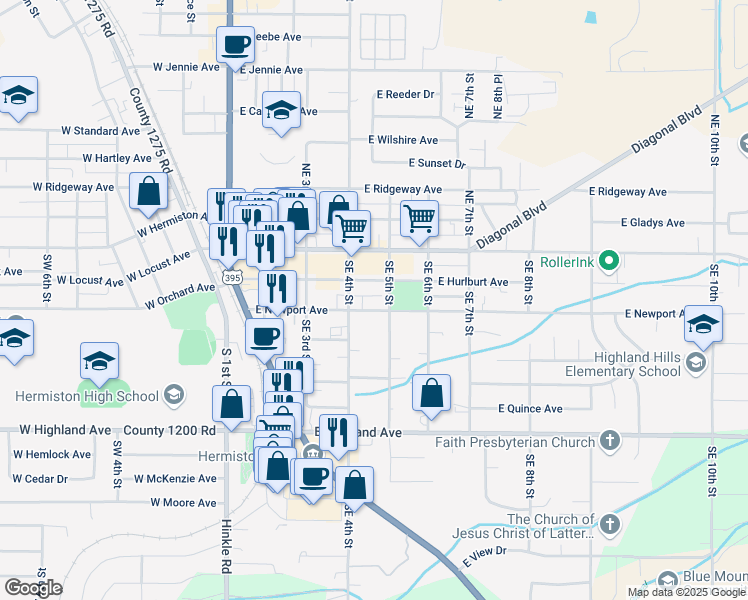 map of restaurants, bars, coffee shops, grocery stores, and more near 455 East Newport Avenue in Hermiston