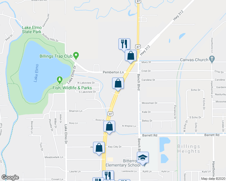 map of restaurants, bars, coffee shops, grocery stores, and more near 2224 U.S. 87 in Billings