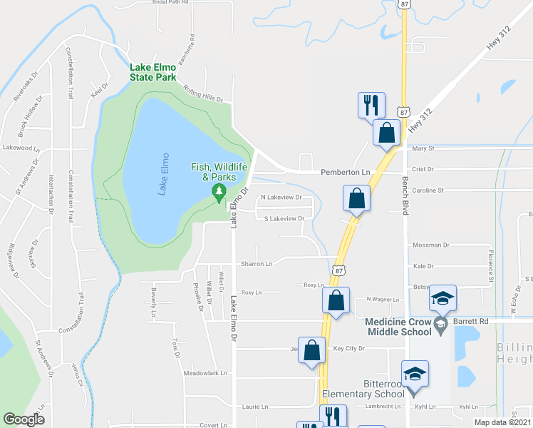 map of restaurants, bars, coffee shops, grocery stores, and more near 445 South Lakeview Drive in Billings