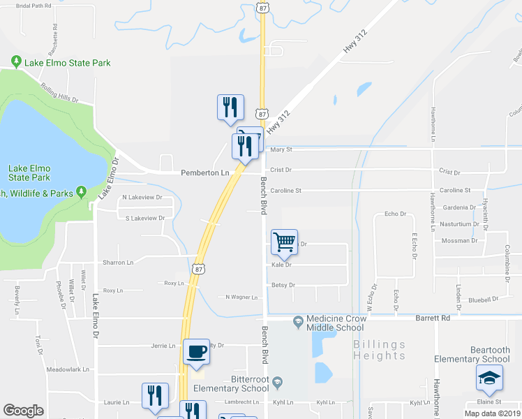 map of restaurants, bars, coffee shops, grocery stores, and more near 11042 Bench Boulevard in Billings