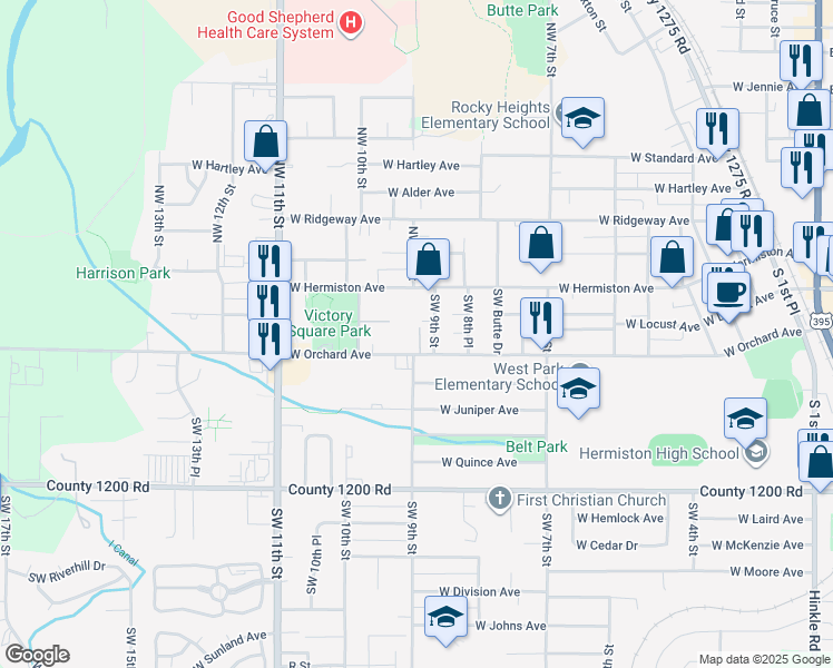 map of restaurants, bars, coffee shops, grocery stores, and more near 925 West Hermiston Avenue in Hermiston