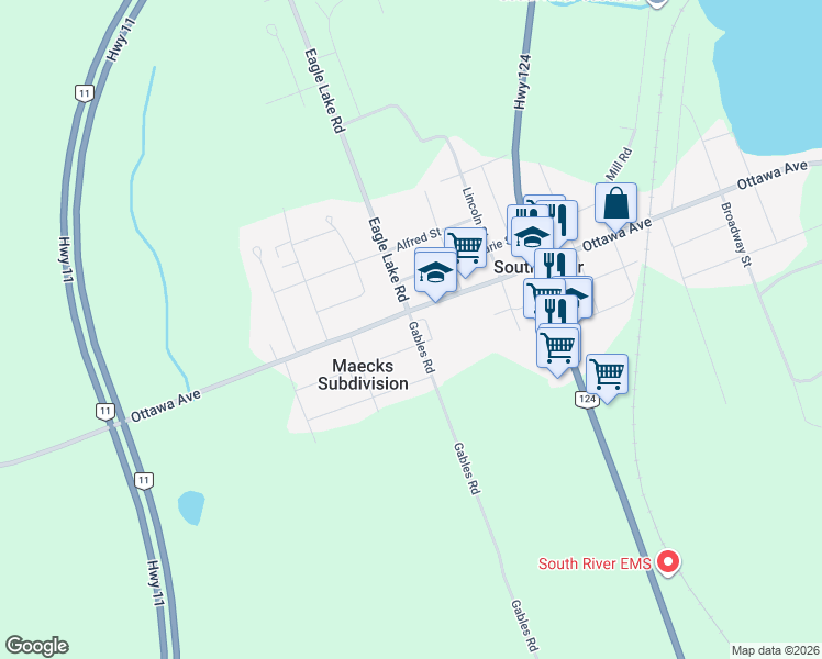 map of restaurants, bars, coffee shops, grocery stores, and more near 140 Ottawa Avenue in South River