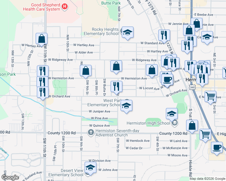 map of restaurants, bars, coffee shops, grocery stores, and more near 710 West Park Avenue in Hermiston