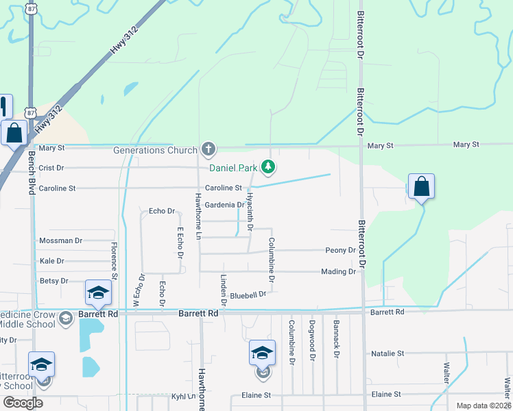 map of restaurants, bars, coffee shops, grocery stores, and more near 1345 Mossman Dr in Billings