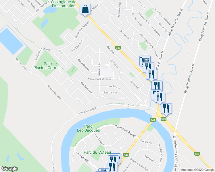 map of restaurants, bars, coffee shops, grocery stores, and more near Rue Toupin in L'Assomption
