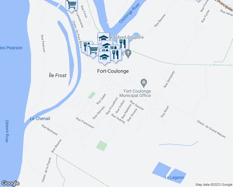 map of restaurants, bars, coffee shops, grocery stores, and more near 34 Rue Sauriol in Fort-Coulonge