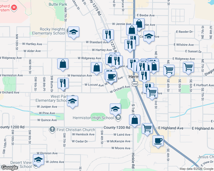 map of restaurants, bars, coffee shops, grocery stores, and more near 377 West Locust Avenue in Hermiston