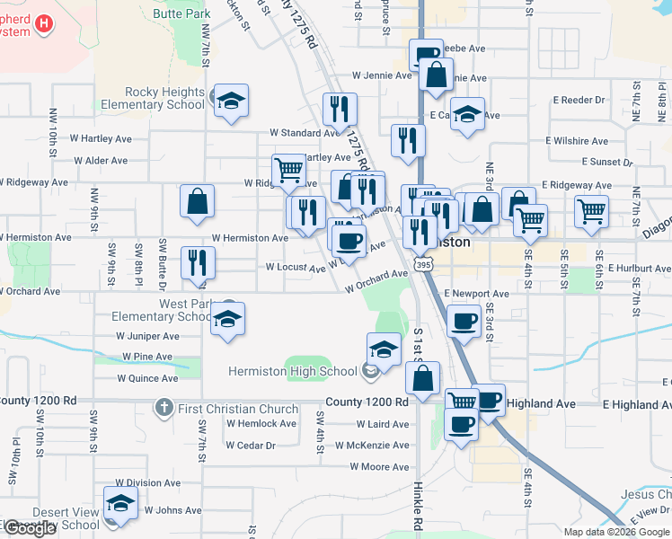 map of restaurants, bars, coffee shops, grocery stores, and more near 377 West Locust Avenue in Hermiston