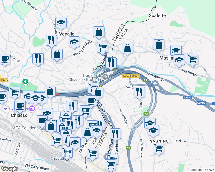 map of restaurants, bars, coffee shops, grocery stores, and more near 9 Via Salvatore Quasimodo in Como