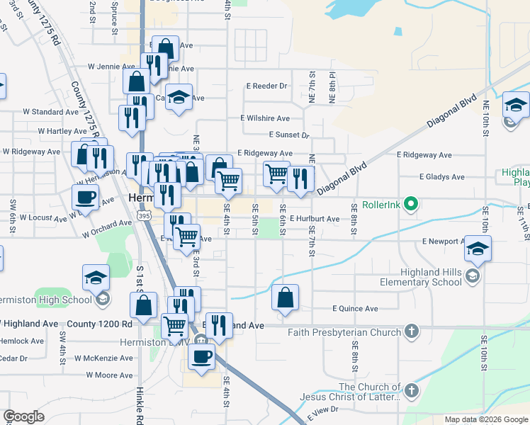 map of restaurants, bars, coffee shops, grocery stores, and more near 563 East Hurlburt Avenue in Hermiston