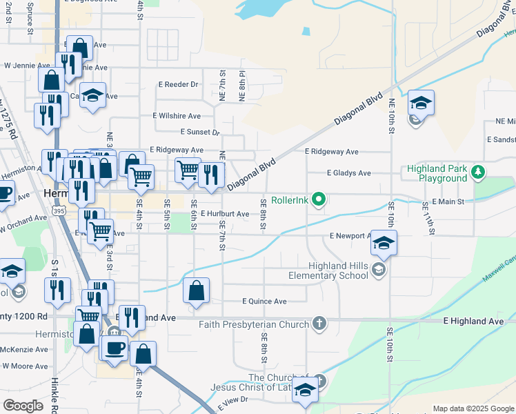 map of restaurants, bars, coffee shops, grocery stores, and more near 800 East Main Street in Hermiston