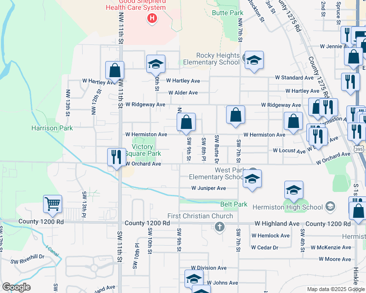 map of restaurants, bars, coffee shops, grocery stores, and more near 925 West Hermiston Avenue in Hermiston