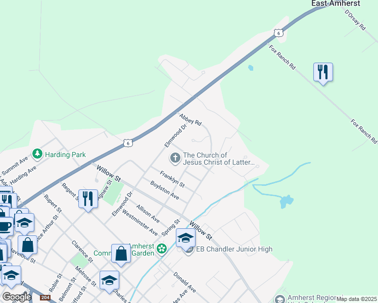 map of restaurants, bars, coffee shops, grocery stores, and more near 10 Fletcher Drive in Amherst