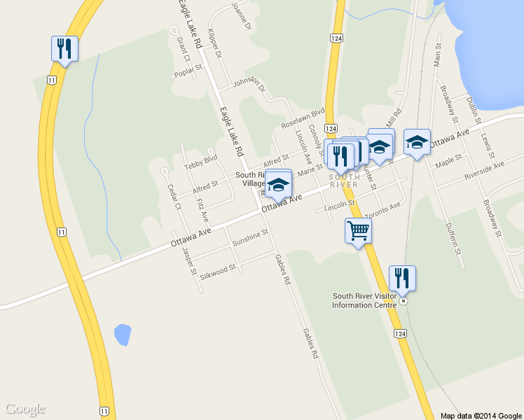 map of restaurants, bars, coffee shops, grocery stores, and more near 140 Ottawa Avenue in South River
