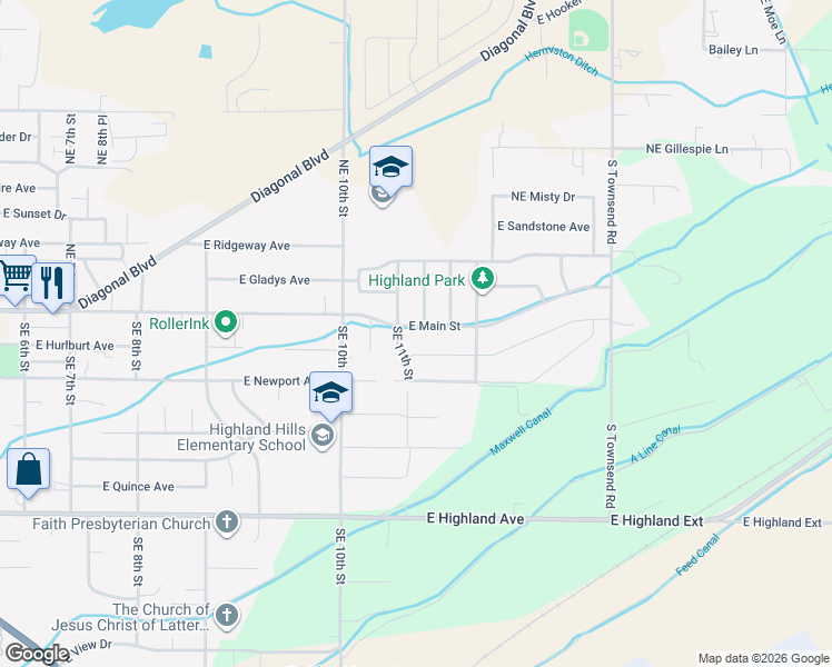 map of restaurants, bars, coffee shops, grocery stores, and more near 1122 East Main Street in Hermiston
