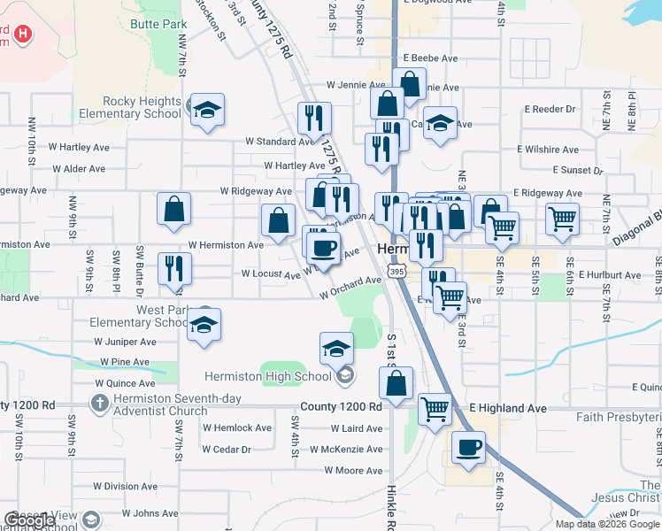 map of restaurants, bars, coffee shops, grocery stores, and more near 165 Southwest 3rd Street in Hermiston