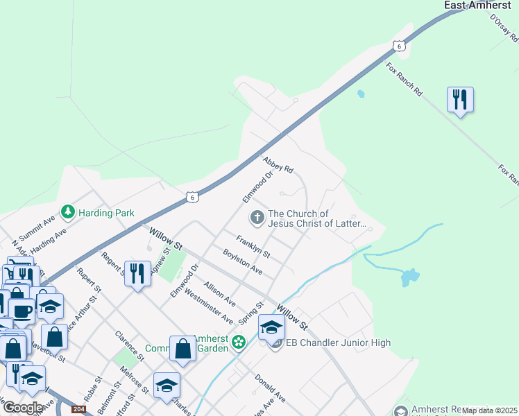 map of restaurants, bars, coffee shops, grocery stores, and more near 3 Fletcher Drive in Amherst