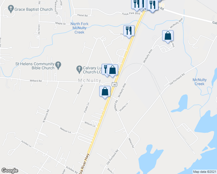 map of restaurants, bars, coffee shops, grocery stores, and more near 58147 Columbia River Highway in Saint Helens