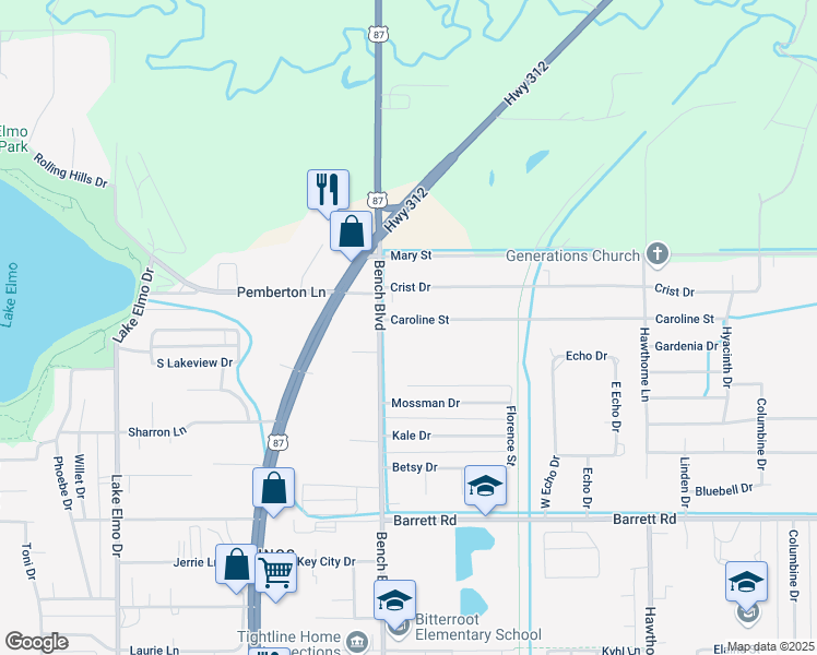map of restaurants, bars, coffee shops, grocery stores, and more near 816 Caroline Street in Billings