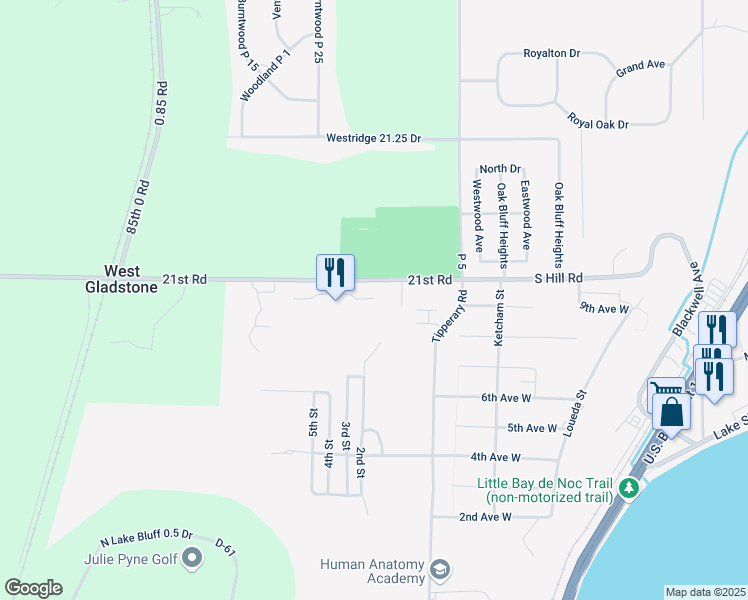 map of restaurants, bars, coffee shops, grocery stores, and more near 6141 County 420 21st Road in Gladstone