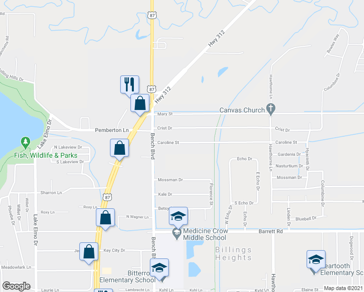 map of restaurants, bars, coffee shops, grocery stores, and more near 846 Caroline Street in Billings