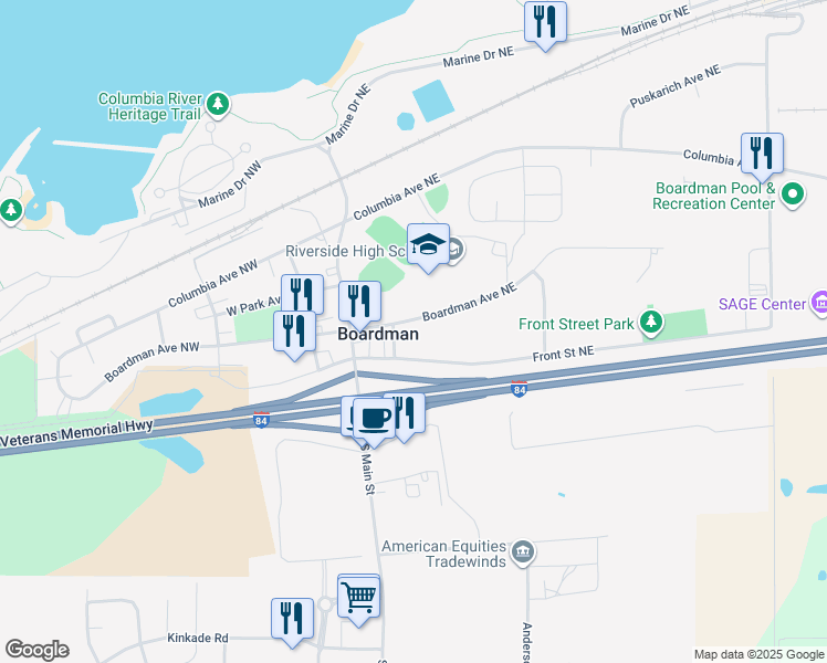 map of restaurants, bars, coffee shops, grocery stores, and more near 205 Boardman Avenue Northwest in Boardman