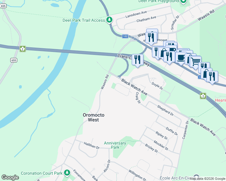 map of restaurants, bars, coffee shops, grocery stores, and more near 25 Erica Circle in Oromocto