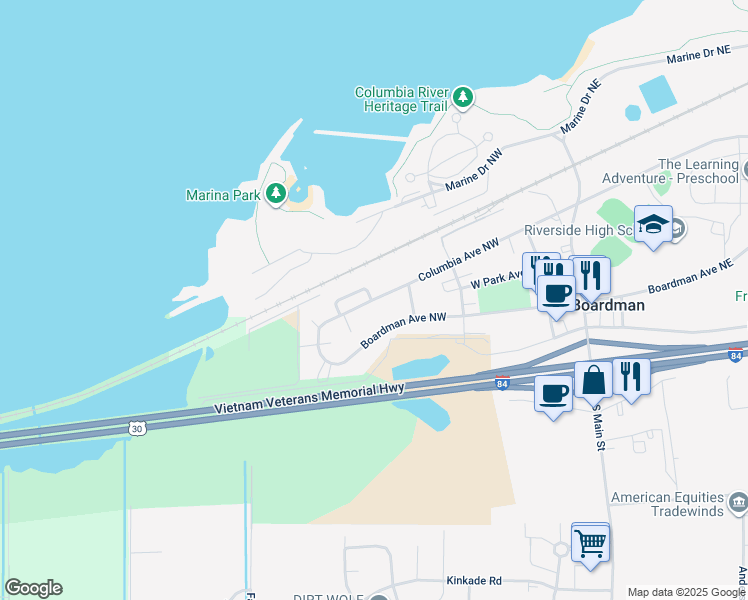 map of restaurants, bars, coffee shops, grocery stores, and more near 600 Columbia Avenue Northwest in Boardman