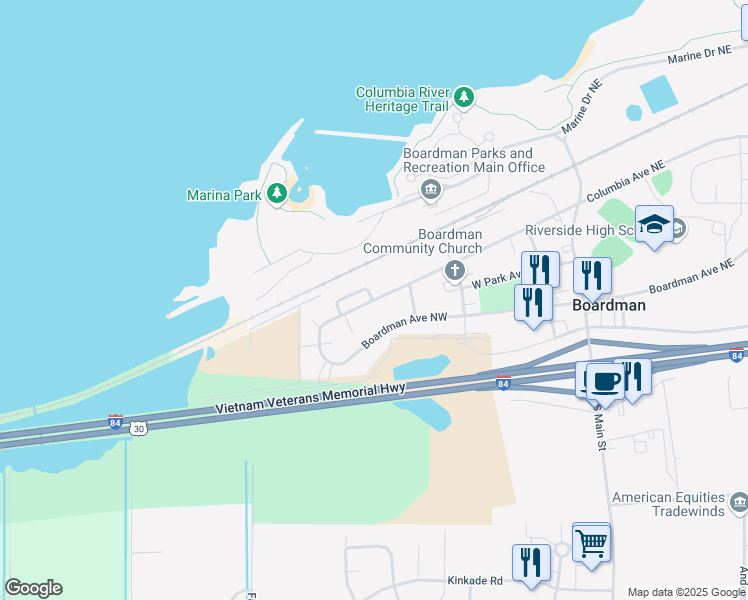map of restaurants, bars, coffee shops, grocery stores, and more near 600 Columbia Avenue Northwest in Boardman